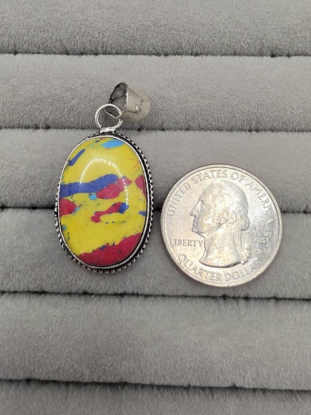 Silver Plated Mosaic Jasper Oval Pendant Necklace - Yellow, Pink & Blue